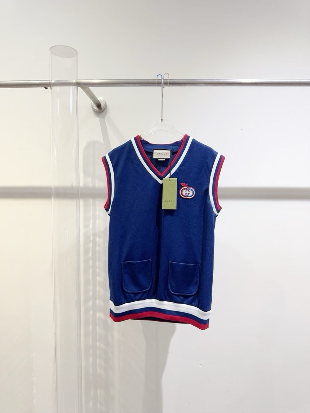 🚩steal Gucci Kids Royal Blue Sleeveless Knit Vest with Red & White Trim